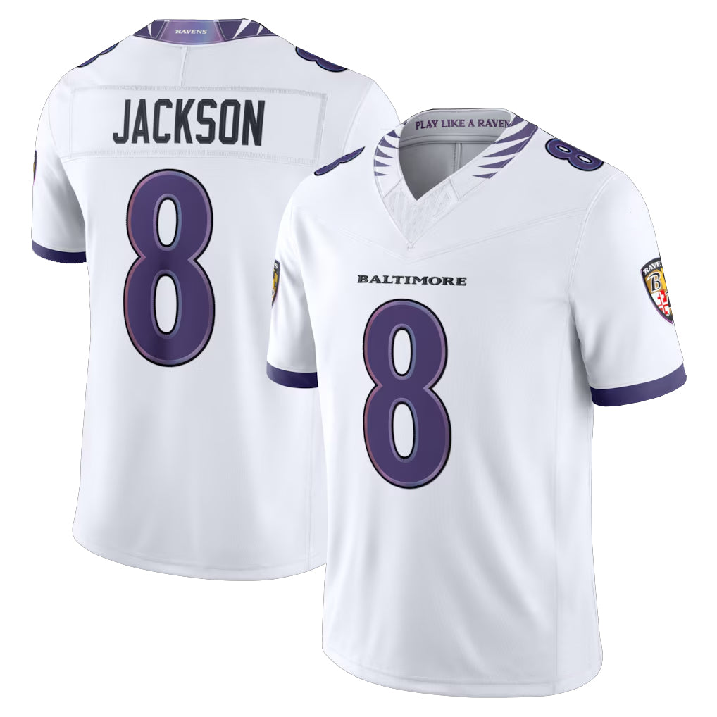 B.Ravens #8 Lamar Jackson Player White Limited Elite Home Game Ldoa Stitched Jerseys