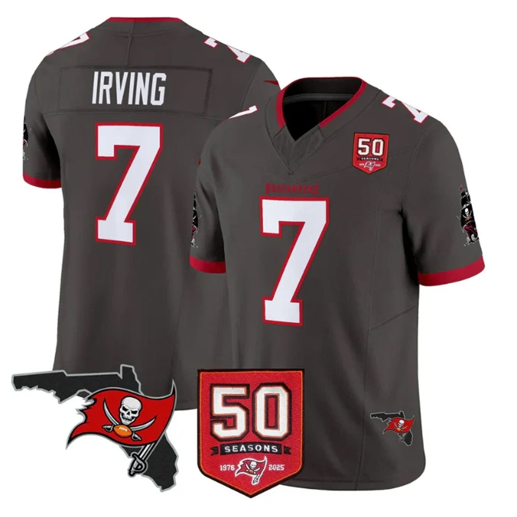 TB.Buccaneers #7 Bucky Irving Player Pewter 50th Season Vapor Limited Home Game Ldoa Stitched Jerseys