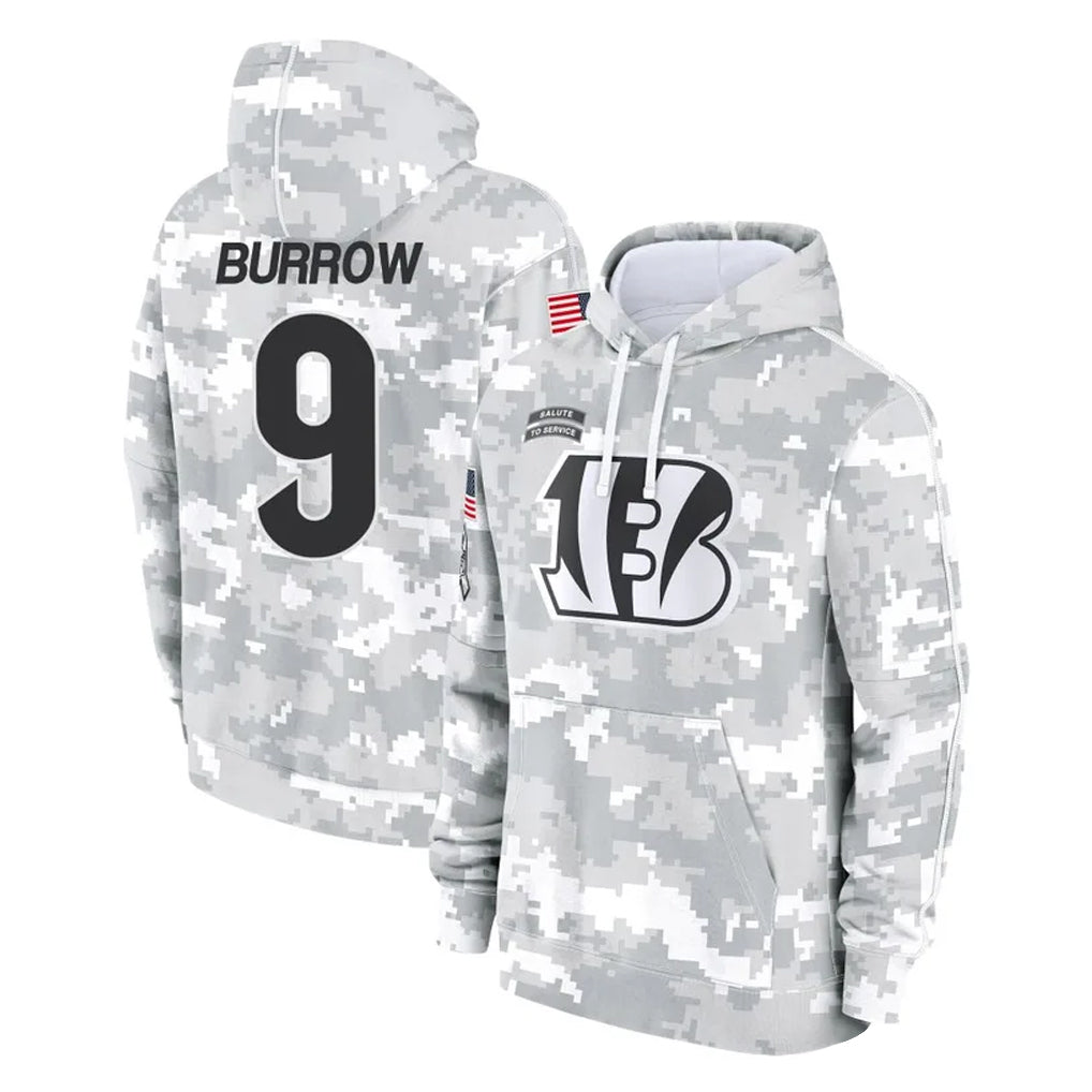 C.Bengals #9 Joe Burrow Player Arctic Camo Salute to Service Pullover Hoodie Limited Ldoa Stitched Jerseys