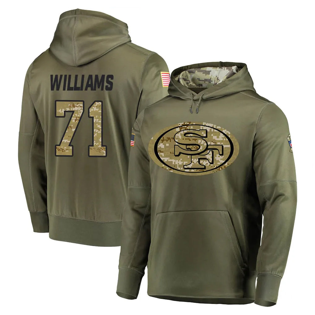 SF.49ers #71 Trent Williams Player Olive Salute to Service Pullover Hoodie Home Game Ldoa Stitched Jerseys