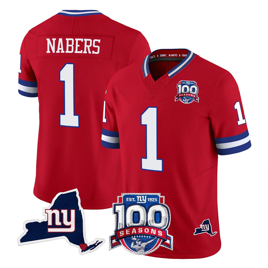 NY.Giants #1 Malik Nabers Player Red 100th Season & State Patch Vapor Limited Home Game Ldoa Stitched Jerseys
