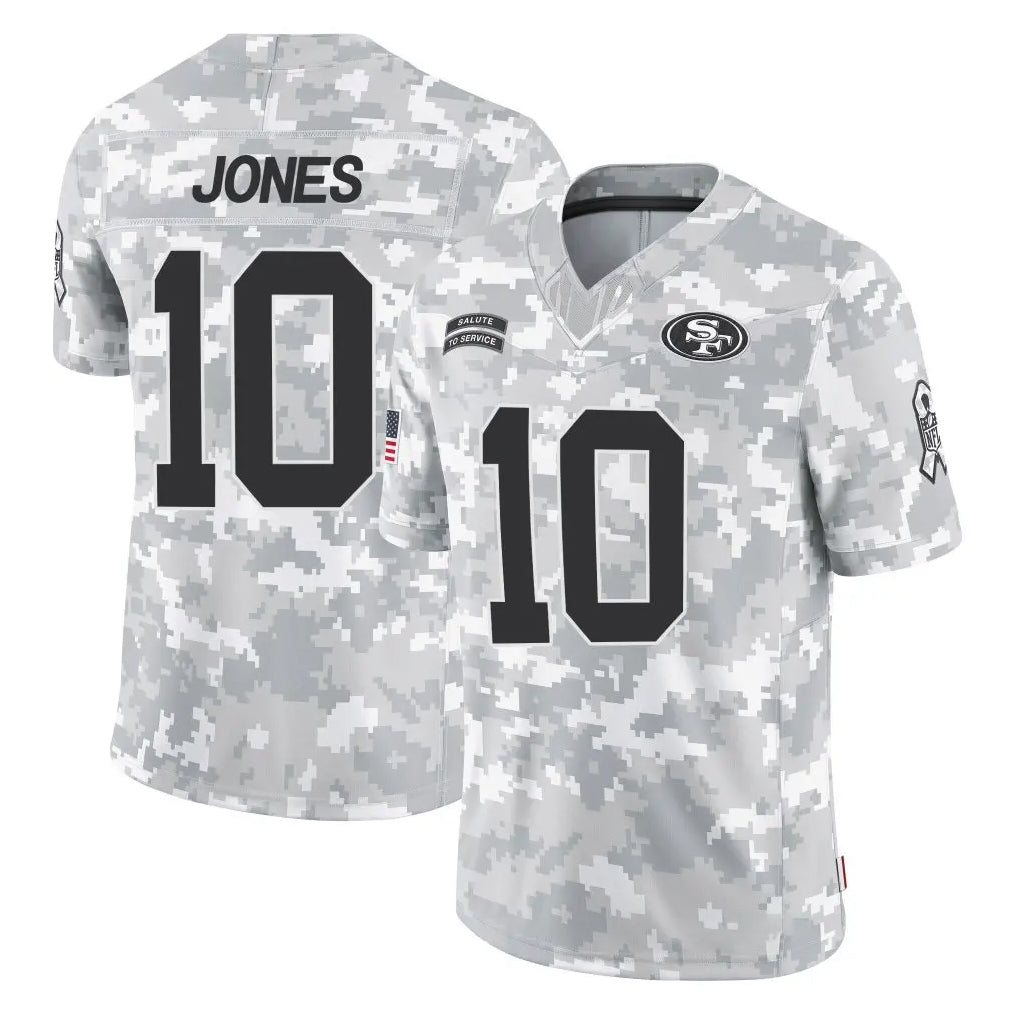 SF.49ers #10 Mac Jones Player Arctic Camo Limited Salute To Service Home Game Ldoa Stitched Jerseys