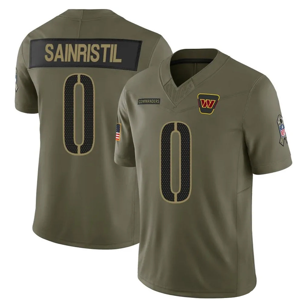 W.Commanders #0 Mike Sainristil Player Olive 2025 Salute To Service Limited Home Game Ldoa Stitched Jerseys