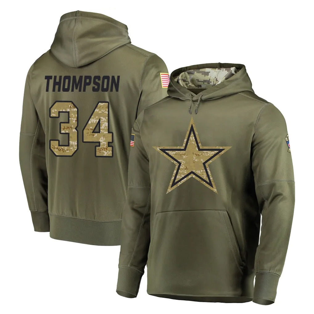 D.Cowboys #34 Jalen Thompson Player Olive Salute to Service Pullover Hoodies Home Game Ldoa Stitched Jerseys