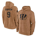 C.Bengals #9 Joe Burrow Player Brown Salute to Service Pullover Hoodie Limited Ldoa Stitched Jerseys