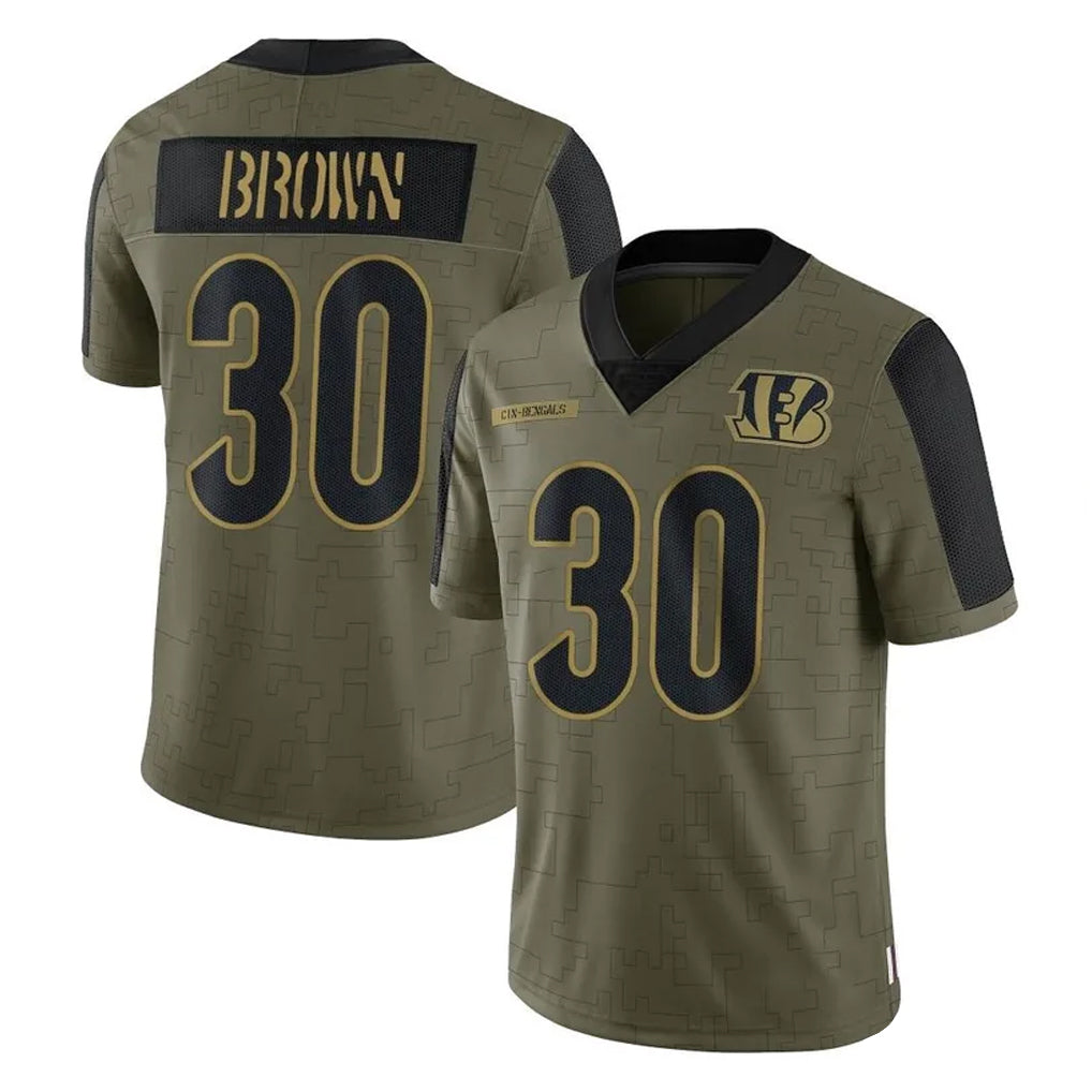C.Bengals #30 Chase Brown Player Olive Salute to Service Game Ldoa Stitched Jerseys