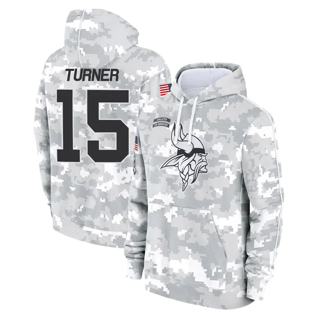 M.Vikings #15 Dallas Turner Player Arctic Camo Salute to Service Pullover Hoodies Limited Game Ldoa Stitched Jerseys
