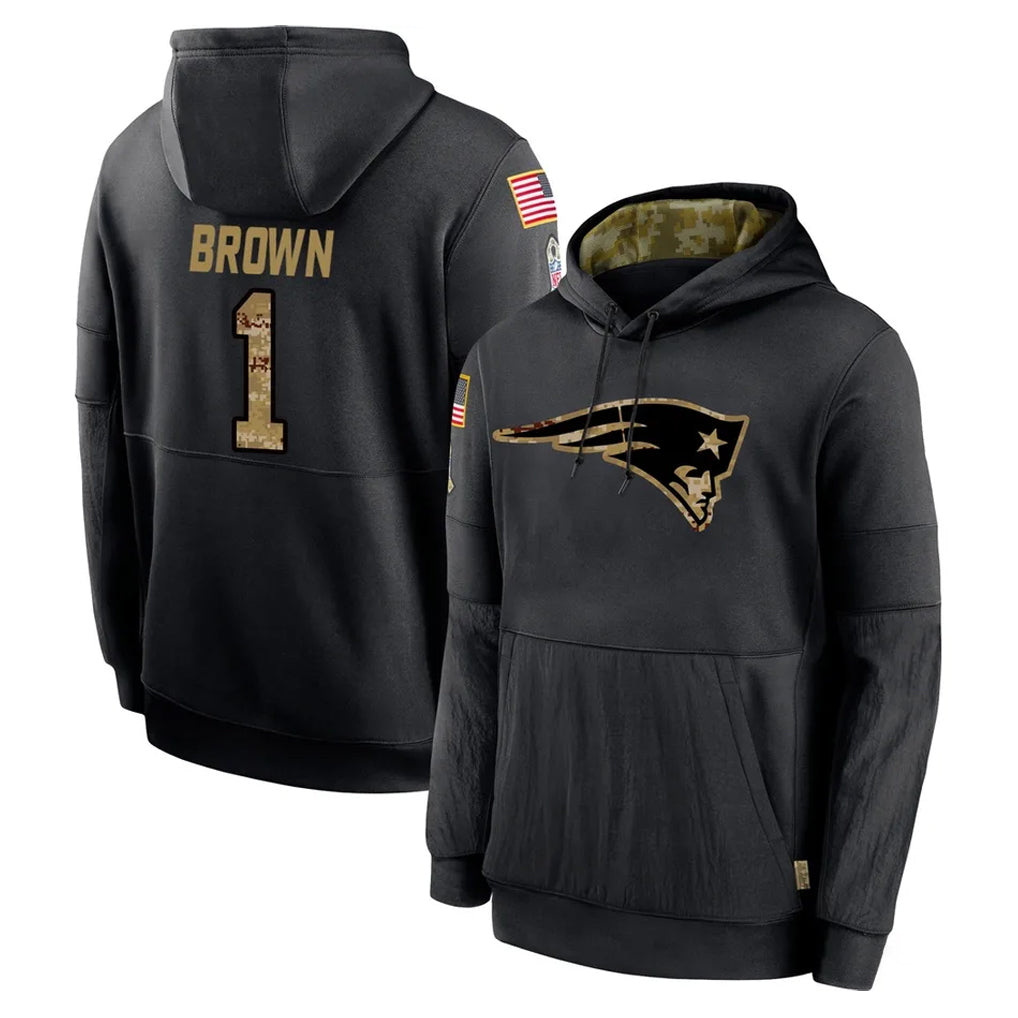 NE.Patriots #1 A.J. Brown Player Black Salute to Service Hoodies Limited Game Ldoa Stitched Jerseys