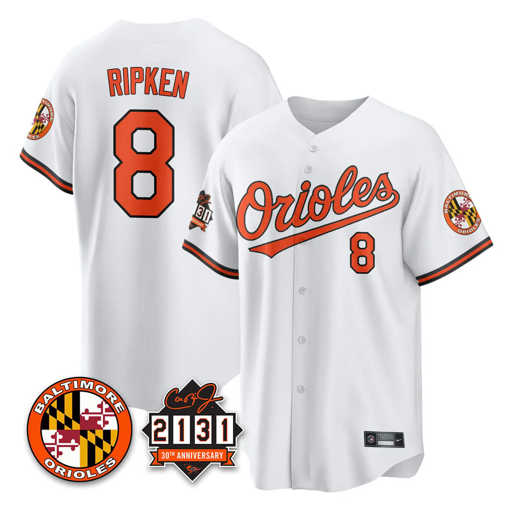 B.Orioles #8 Cal Ripken Player White 30th Anniversary of 2131 Home Game Ldoa Stitched Jerseys